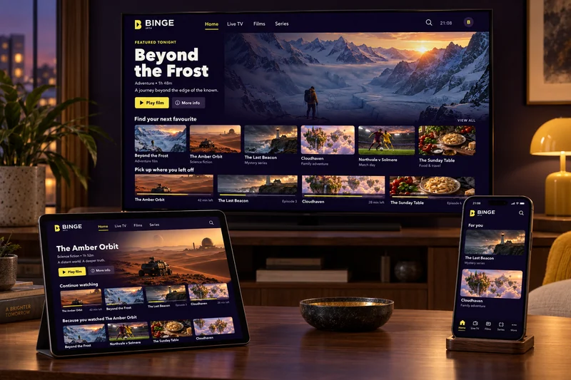 A television, a tablet and a phone showing matching BINGE IPTV screens.