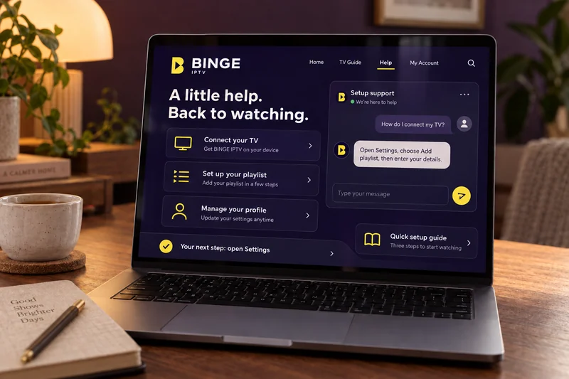 A laptop open on the BINGE IPTV help center beside a setup conversation.